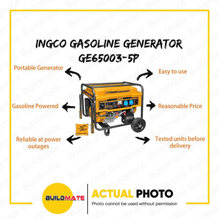 INGCO Gasoline Generator 6.5KVA GE65003-5P + FREE T HANDLE & BITS •BUILDMATE• IPT