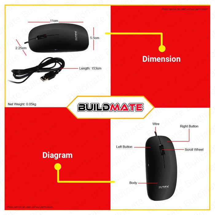 INTEX Original Computer Optical Mouse Piano Wired IT-OP09 High Quality •BUILDMATE•