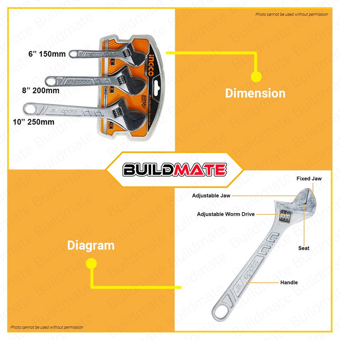 INGCO Adjustable Wrench Set 3 PCS/SET Super Select HADWK031 •BUILDMATE• HT2
