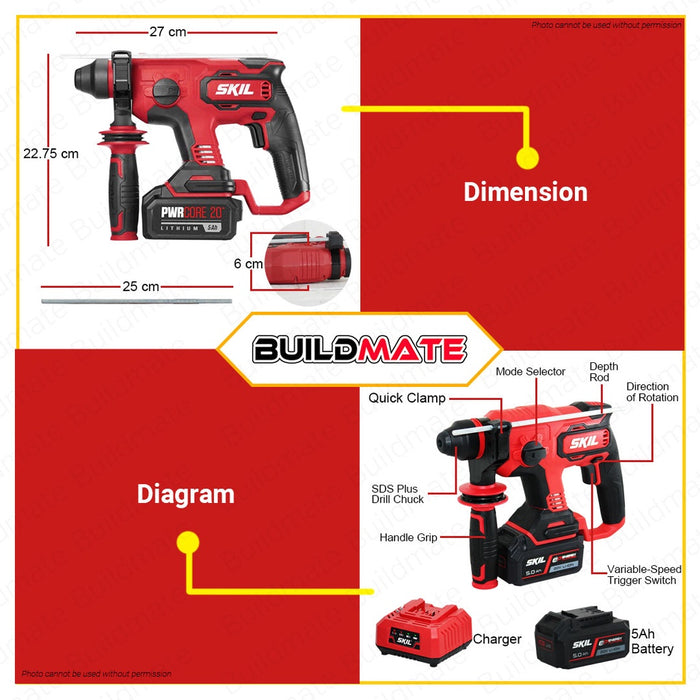 SKIL Cordless Rotary Hammer BL 20V (2BAT-5.0AH) RH1704C-20 •BUILDMATE•