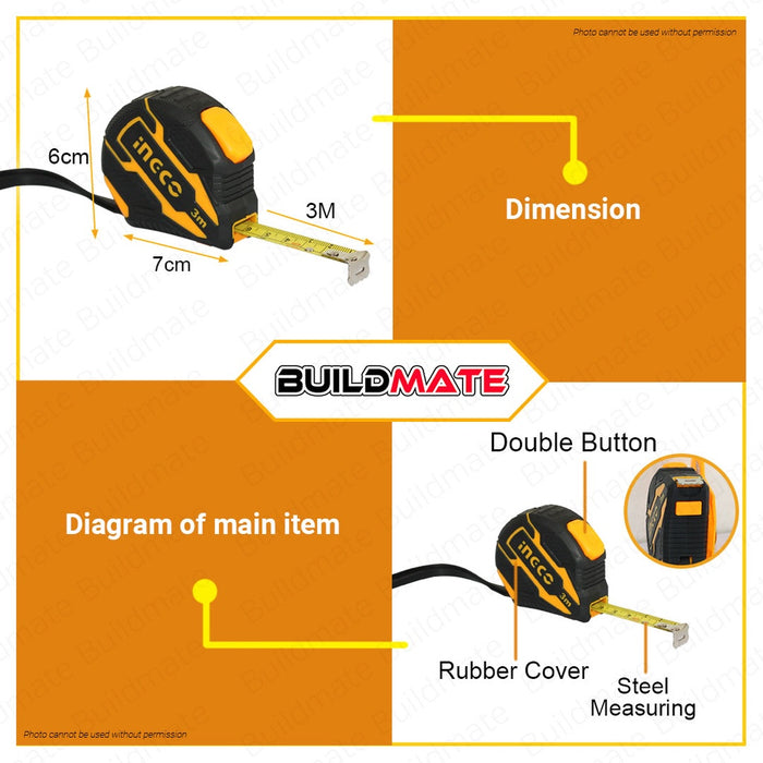 INGCO Self Locking Steel Measuring Tape 3M 16mm HSMT08316 •BUILDMATE• HT2