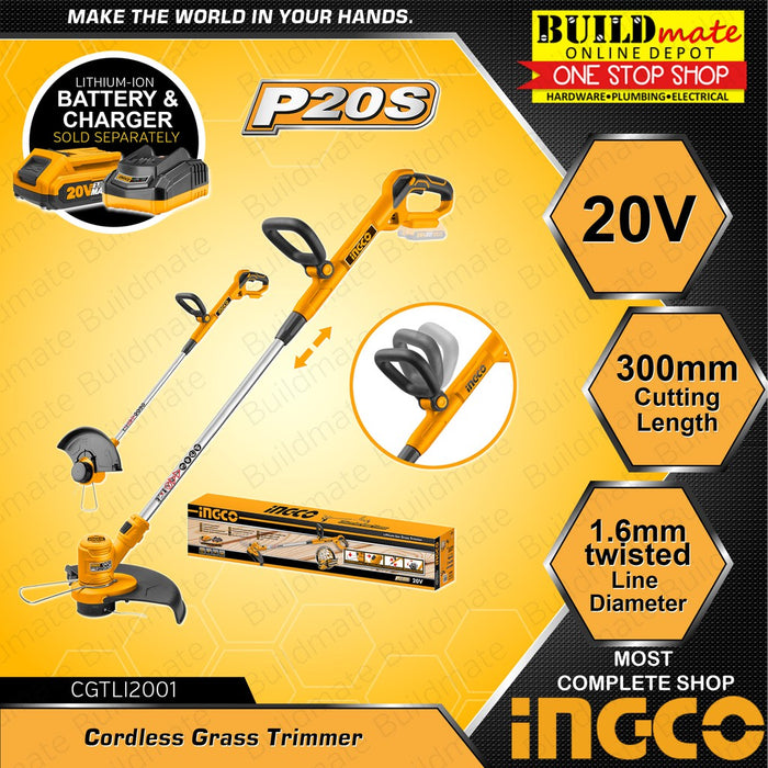INGCO Cordless Grass Trimmer 20V CGTLI2001 POWERSHARE +FREE BRUSH & GLOVES •BUILDMATE• IPT