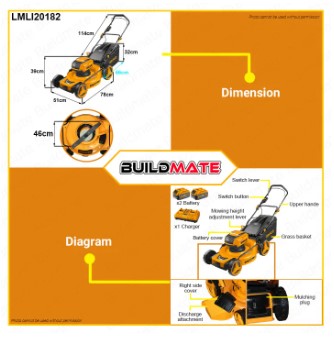 BUILDMATE Ingco Lithium-Ion Cordless Brushless Lawn Mower 40V 18" / 20" Rechargeable Hand Push Drive Garden Grass Cutting Trimmer Lawnmower - ICPT