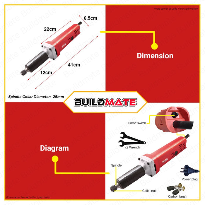 KEN Industrial Heavy Duty Electric Die Grinder 550W 25mm 9025 + FREE CARBON BRUSH •BUILDMATE•