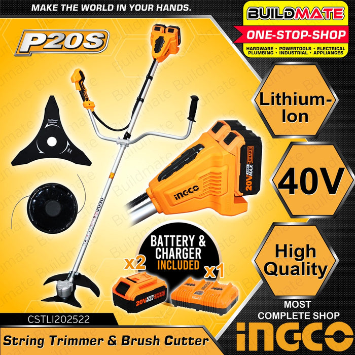 INGCO Li-Ion Grass Trimmer Brushless Motor BIG 40V w/ 2 Battery and Charger CSTLI202522 •BUILDMATE• IPT