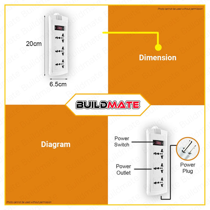 Omni Extension Cord Set 3 Gang with Switch Power Strip WEU103PK •BUILDMATE• 