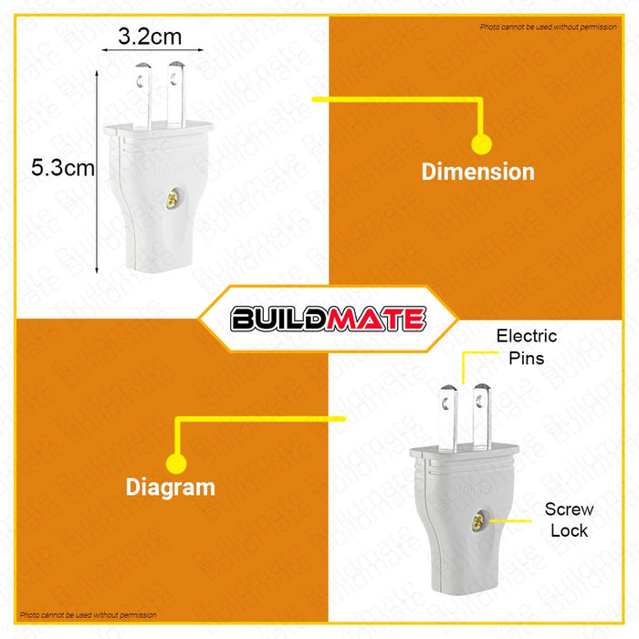 BUILDMATE Omni Regular Plug 10A 250V 2-Prong Household Power Cord AC Outlet Electrical Plug WRP-002