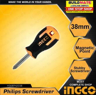 INGCO Industrial Magnetic Stubby Mini Slotted Phillips Screwdriver Round Shank Ph2 6mm x 38mm HS68PH2038 •BUILDMATE• IHT