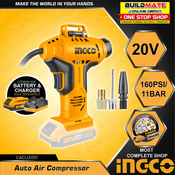BUILDMATE Ingco Lithium-Ion Cordless 20V Auto Air Compressor 160PSI / 150PSI Rechargeable Car Tire Inflator Air Pump - ICPT
