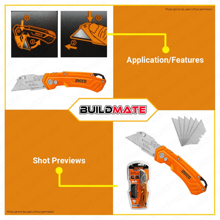 INGCO Stainless Folding Knife Blade Cutter 180mm with 6 PCS SK5 Blades HUK6288 •BUILDMATE• IHT