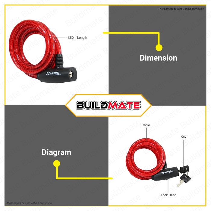 BUILDMATE Master Lock Bicycle Lock with Cable Black / Gray / Blue / Red 1.8mx8mm Anti-Theft Keyed Bike Security Cable Lock SOLD PER PIECE