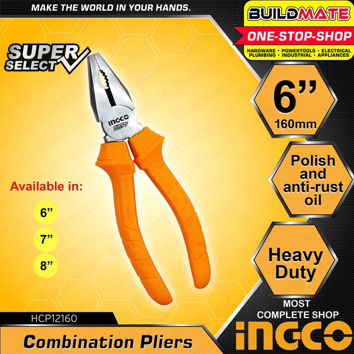 INGCO COMBINATION PLIERS 6" (SUPER SELECT) Polish & Anti-Rust Oil Hand Tools HCP12160 BUILDMATE• HT2