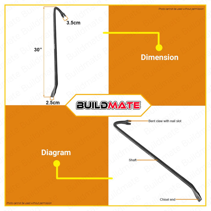 WADFOW Wrecking Bar 750mm 30" Inch Nail Puller End Gooseneck Wrecking Bar WQB1375 •BUILDMATE WHT