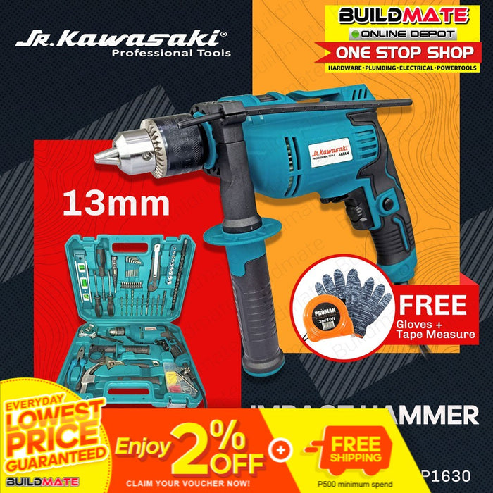 JR KAWASAKI Japan 750W Impact Hammer Drill Kit HP1630 + FREE GLOVES AND TAPE MEASURE •BUILDMATE