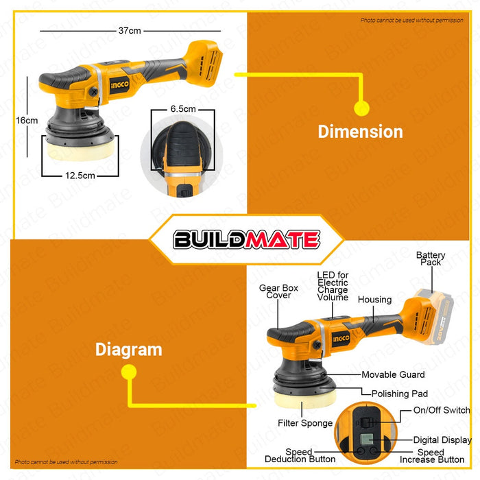 INGCO 20V LI-ION Cordless Angle Polisher Powershare Brushless Motor APLI2002 •BUILDMATE• IPT