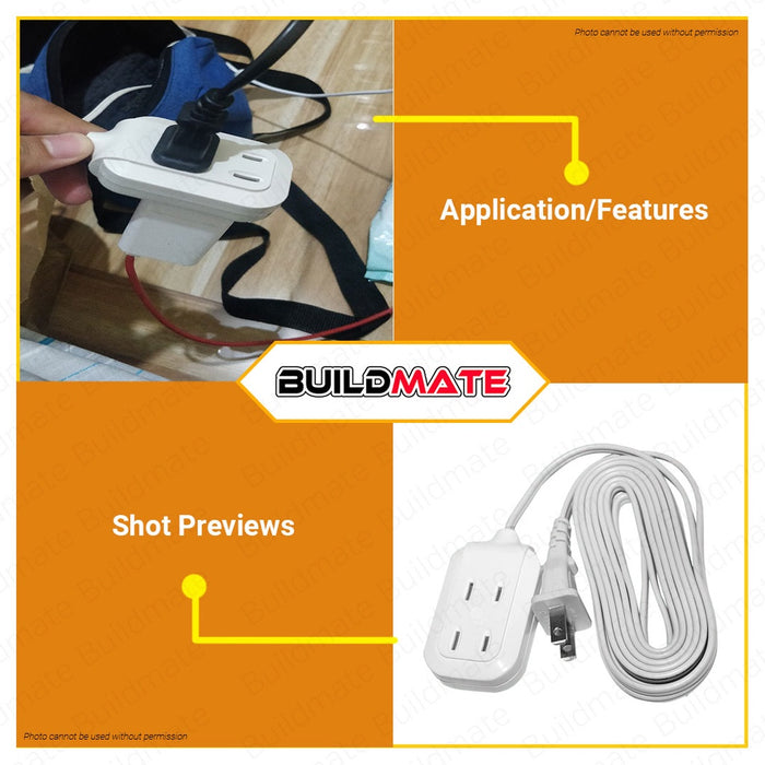 BUILDMATE Omni 3 Meters Dual Portable Extension Cord Set 1000W 6A 250V 3 Gang 2 Flat Pin Plug Extension Portable Power Strip WDP303