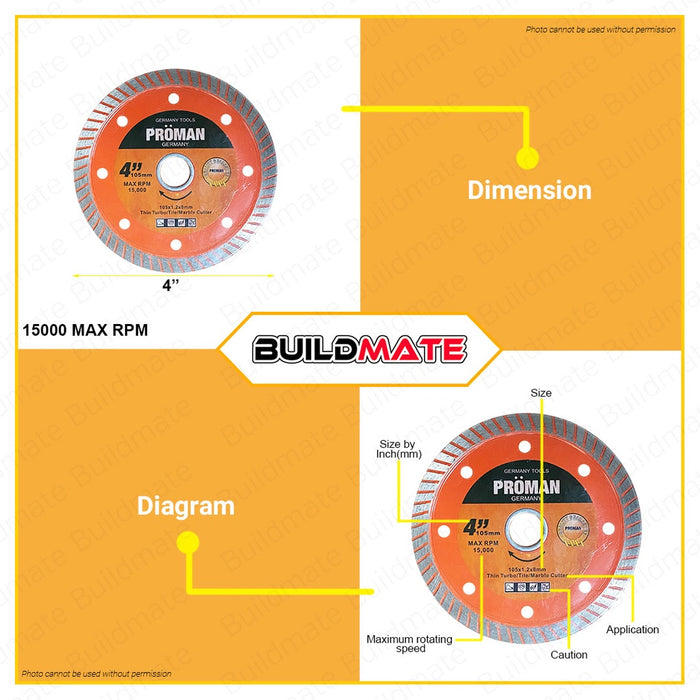 PROMAN GERMANY Diamond Cutting Disc 4" 1.2 P-4014C •BUILDMATE•