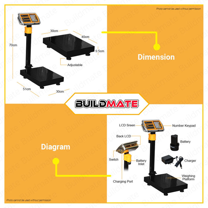 INGCO Lithium Ion Cordless Battery Operated Weighing Scale 12V 100KG & 300KG LED Wireless Digital Screen With Battery & Charger CES1267 | CES1245 •BUILDMATE• ICPT