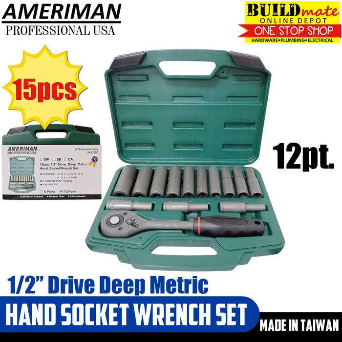 Ameriman 1/2" Drive Deep Metric Hand Long Socket Wrench 15PCS/SET •BUILDMATE•
