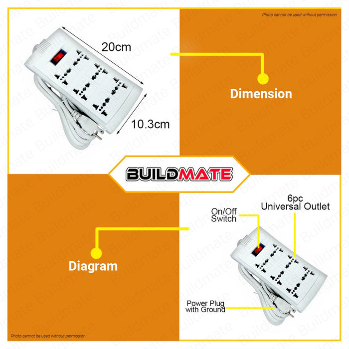 Omni Universal Outlet Extension Cord 6 Gang w/Switch WEU-106 •BUILDMATE•
