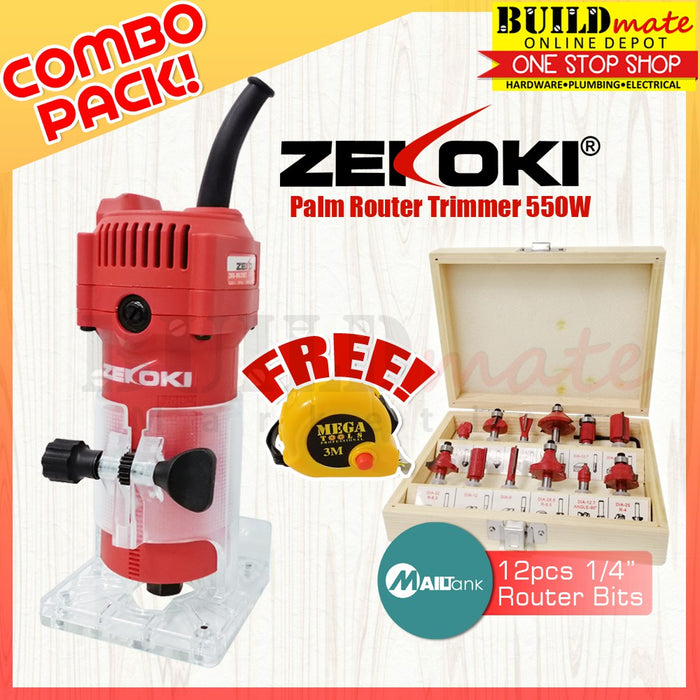 [BUNDLE] ZEKOKI Palm Router Trimmer 500W ZKK-0635ET W/ MAILTANK Router Bit 12PCS 1/4" +FREE MEGATAPE