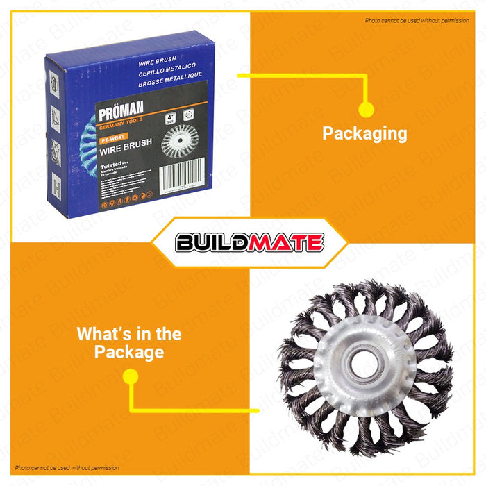 PROMAN Steel Wire Brush 4" Inch Twist Twisted Brushes  Finishing Tools PT-WB4T •BUILDMATE•