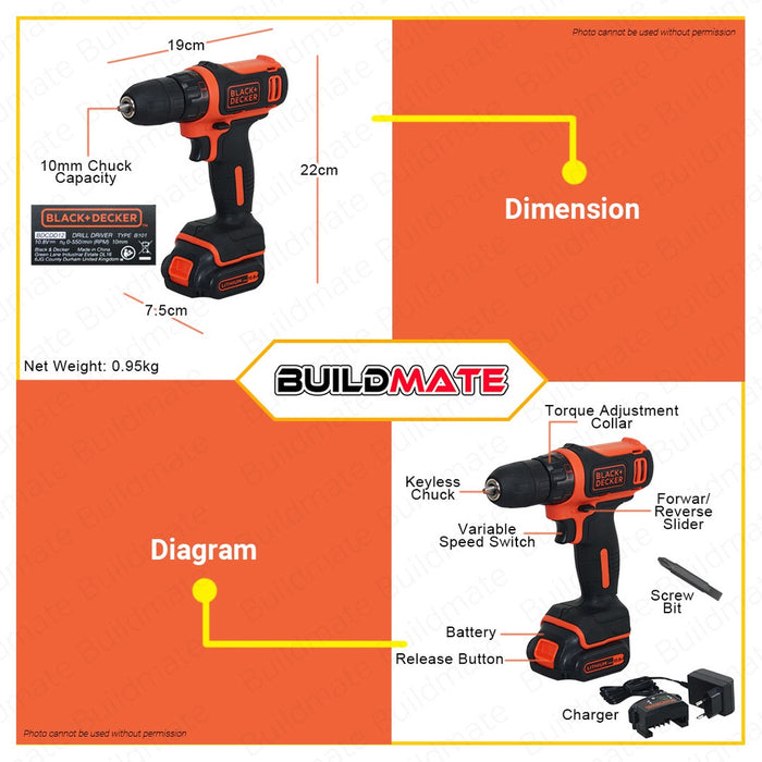 [INTRODUCTORY PRICE!] Black & Decker Lithium Ion Cordless Drill Driver 10.8V BDCDD12-B1 •BUILDMATE•