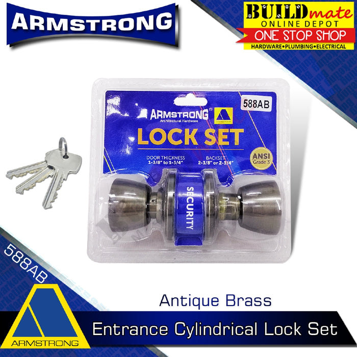 ARMSTRONG Antique Brass Entrance Cylindrical Lockset Door Knob Lock Set 588AB •BUILDMATE• 