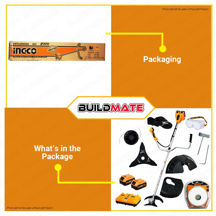 INGCO Li-Ion Grass Trimmer Brushless Motor BIG 40V w/ 2 Battery and Charger CSTLI202522 •BUILDMATE• IPT