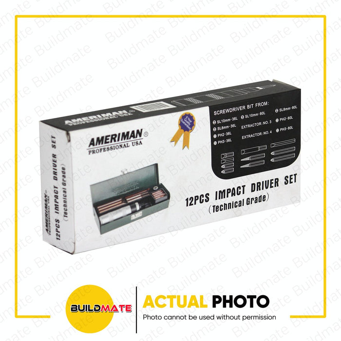 AMERIMAN TAIWAN Impact Driver Set with Case 12PCS/SET TECHINICAL GRADE AT-ID12TG •BUILDMATE•