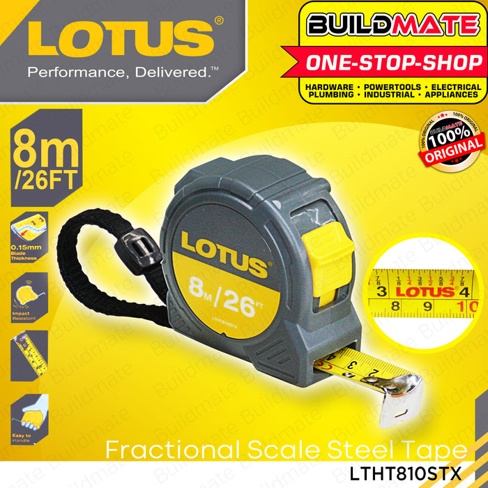 BUILDMATE Lotus Steel Tape 3M | 5M | 8M | 10M Measuring Tape Measure Fraction Scale Metric, Inch, Fraction Continuous Marking Blade Easy To Read Both Side Triple Ruler, Retractable Portable Measure Tape Tool For Professional Measurement • LHT