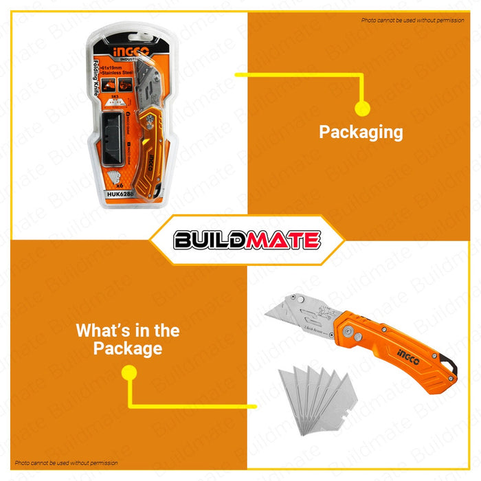 INGCO Stainless Folding Knife Blade Cutter 180mm with 6 PCS SK5 Blades HUK6288 •BUILDMATE• IHT