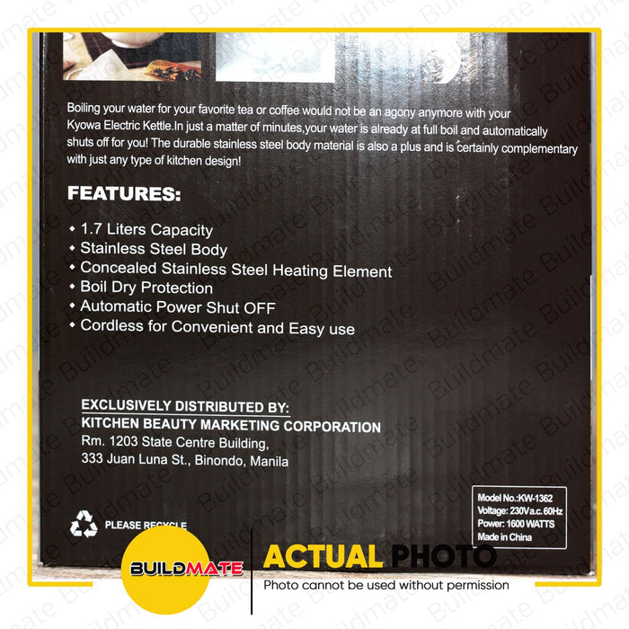 KYOWA Stainless Electric Kettle 1.7L 1600W with Boil Dry Protection KW1362 •BUILDMATE•