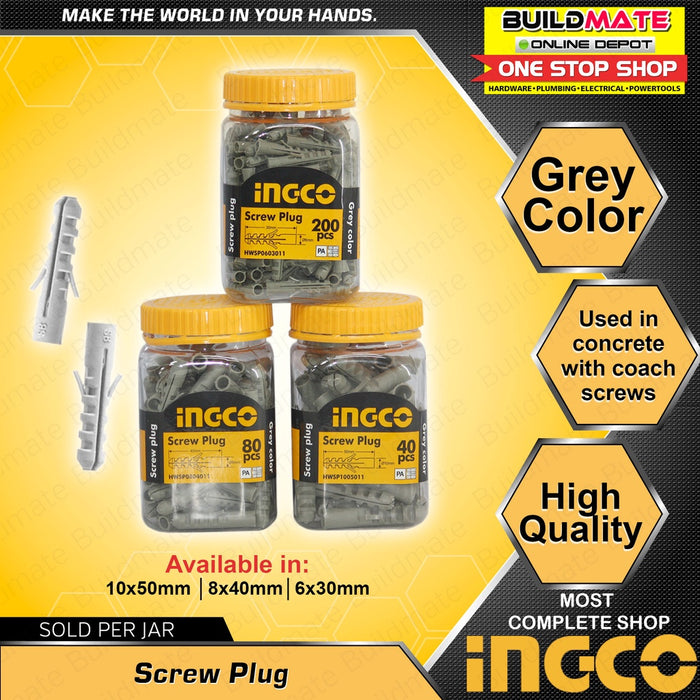 INGCO Screw Plug 6 x 30mm | 8 x 40mm | 10 x 50mm SOLD PER BOTTLE •BUILDMATE• HT2