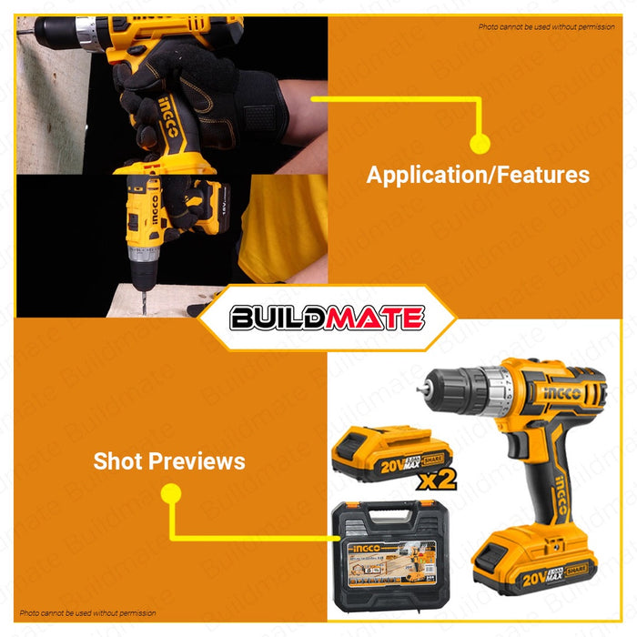 INGCO Original Cordless Drill SUPER SELECT Lithium-Ion 20V CDLI200215 •BUILDMATE• IPT