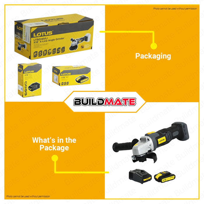 [BUNDLE] LOTUS Cordless Angle Grinder 18V with Battery And Charger LTSG18VLI + LTFC1800 + LTBP18G-2