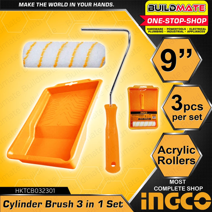 BUILDMATE Ingco 3 IN 1 Cylinder Brush Set 9" Acrylic Paint Roller Brush Tray Inner Wall Painting IHT