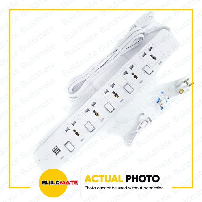 ROYU 5 GANG Extension Cord with Individual Switch & 2 USB Port Power Strip  REDEC725 •BUILDMATE•