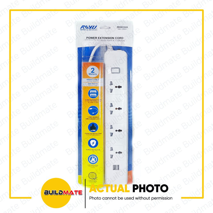 ROYU 4 GANG Extension Cord One Main Switch & 2 USB Ports Power Strip REDEC624 •BUILDMATE•