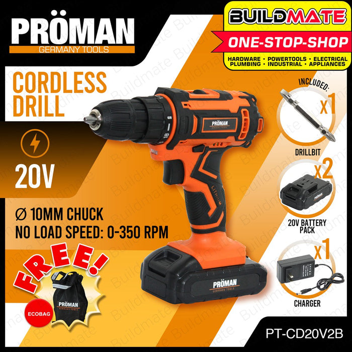 PROMAN Cordless Drill 20V PT-CD20V2B +FREE ECO BAG •BUILDMATE•