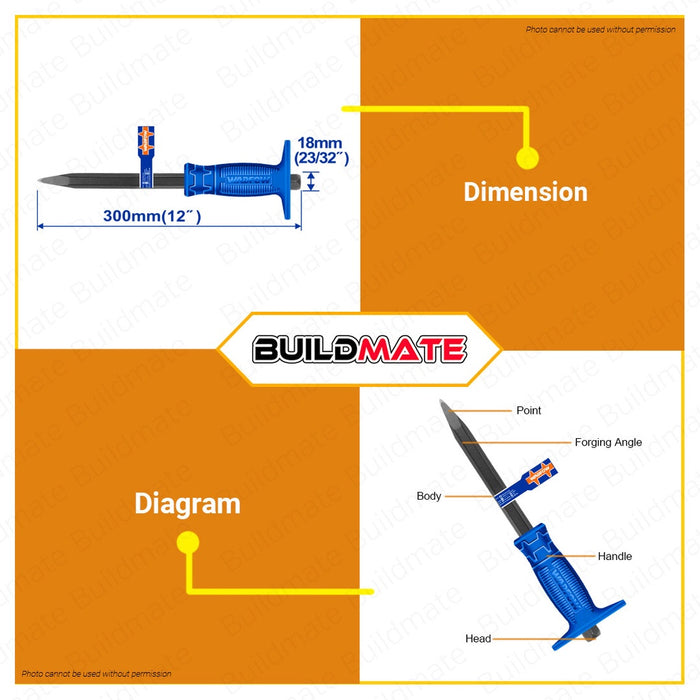 WADFOW Concrete Chisel 18mm Pointed Concrete Chisel With Hand Protection WCC1304 •BUILDMATE• WHT