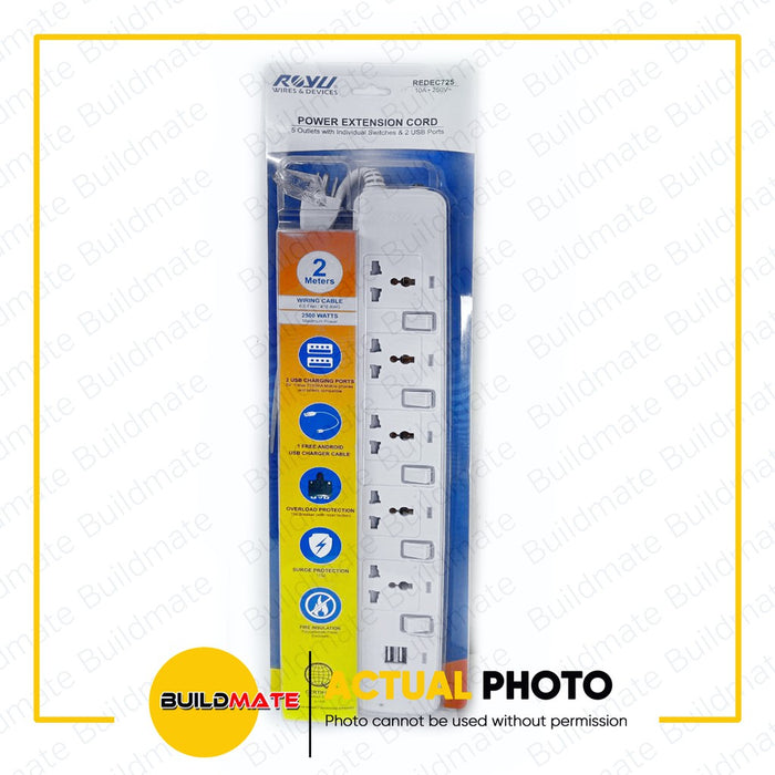 ROYU 5 GANG Extension Cord with Individual Switch & 2 USB Port Power Strip  REDEC725 •BUILDMATE•