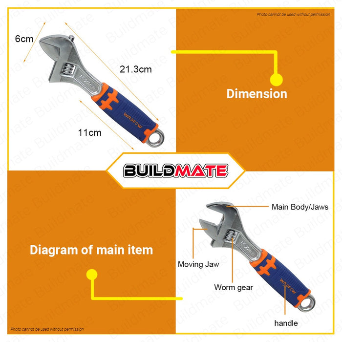 WADFOW Adjustable Wrench 200mm 8" Inch Unique Design Two Tone Soft Handle WAW2208 •BUILDMATE• WHT