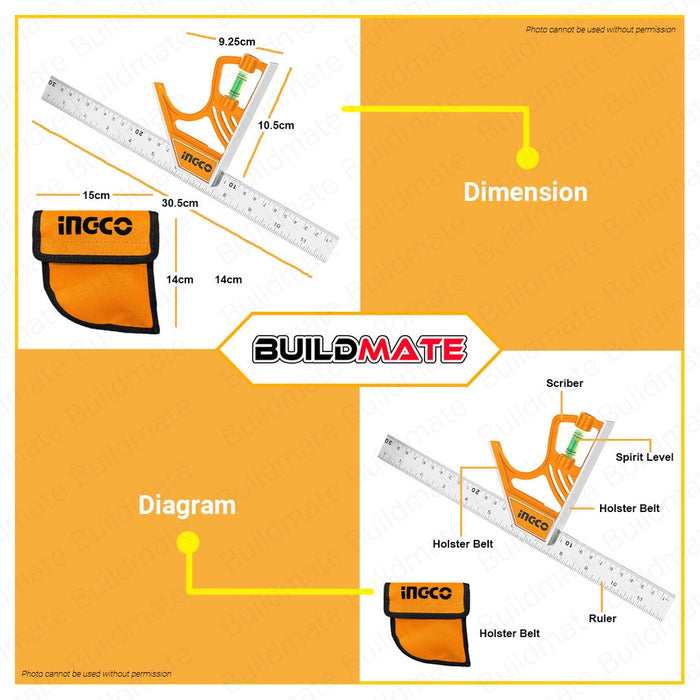 INGCO Magnetic Lock Combination Square  Stainless Steel 12" HSR530255 •BUILDMATE• IHT