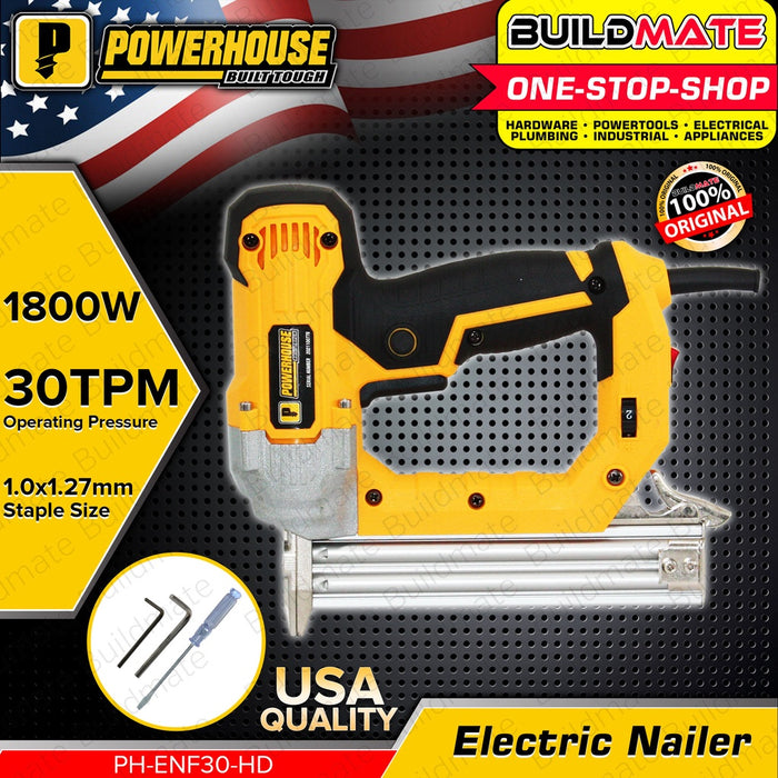POWERHOUSE Electric Brad Nailer Gun Nail Tacker With Adjustable Pressure And Anti Stuck Technology 1800W PH-ENF30-HD