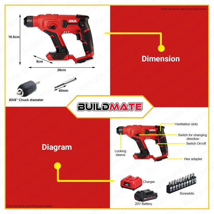 SKIL Cordless Rotary Hammer 20V with 1pc Battery RH1E3810AA •BUILDMATE•
