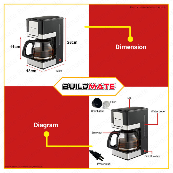 BUILDMATE Hanabishi Coffee Maker 4-6 Cups Water Capacity Drip Coffee Machine with Heat Resistant Glass Carafe HCM-15XB