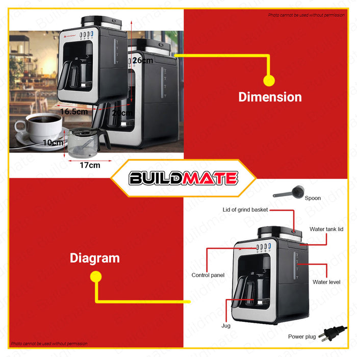HANABISHI 2 IN 1 Grinder And Coffee Maker 4 CUPS HGRCM2IN1 HGRCM-2IN1 •BUILDMATE•