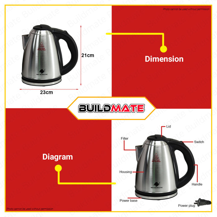 BUILDMATE Micromatic 1.8L Cordless Removable Electric Stainless Kettle 1500W Auto Shut-Off Detachable Base Water Heater MCK-1800