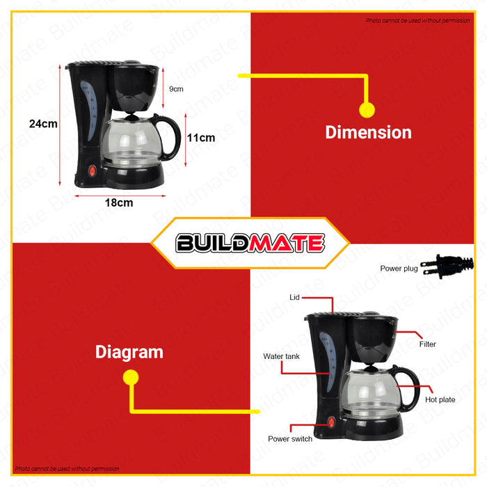 BUILDMATE Hanabishi 550W Coffee Maker 6 Cups Electric Anti-Drip Coffee Machine with Glass Carafe HCM-10B